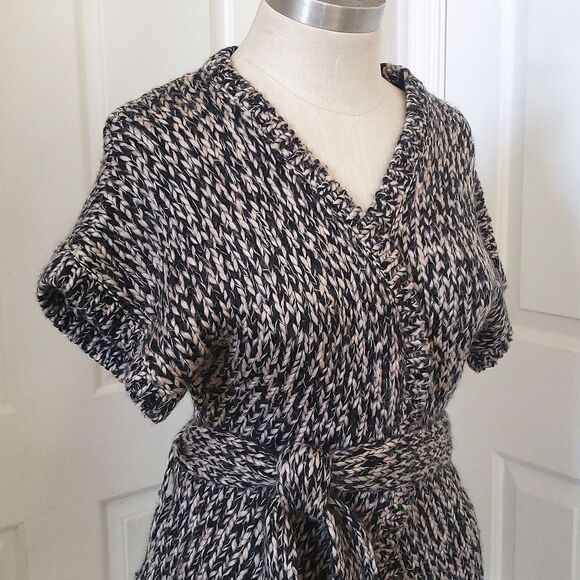 DIANE von FURSTENBERG Chunky Knit Belted Cardigan Black Tan Tweed - Picture 2 of 12